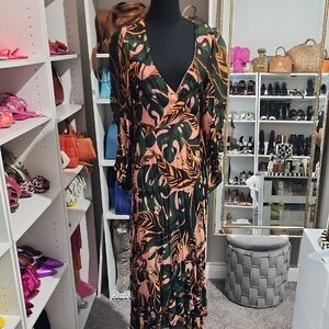 FARM Rio Vibrant Green and Pink Leaf Maxi Dress